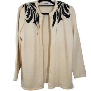 Vintage Lambswool Angora Open Cardigan Sweater Faux Leather Details with Bead…